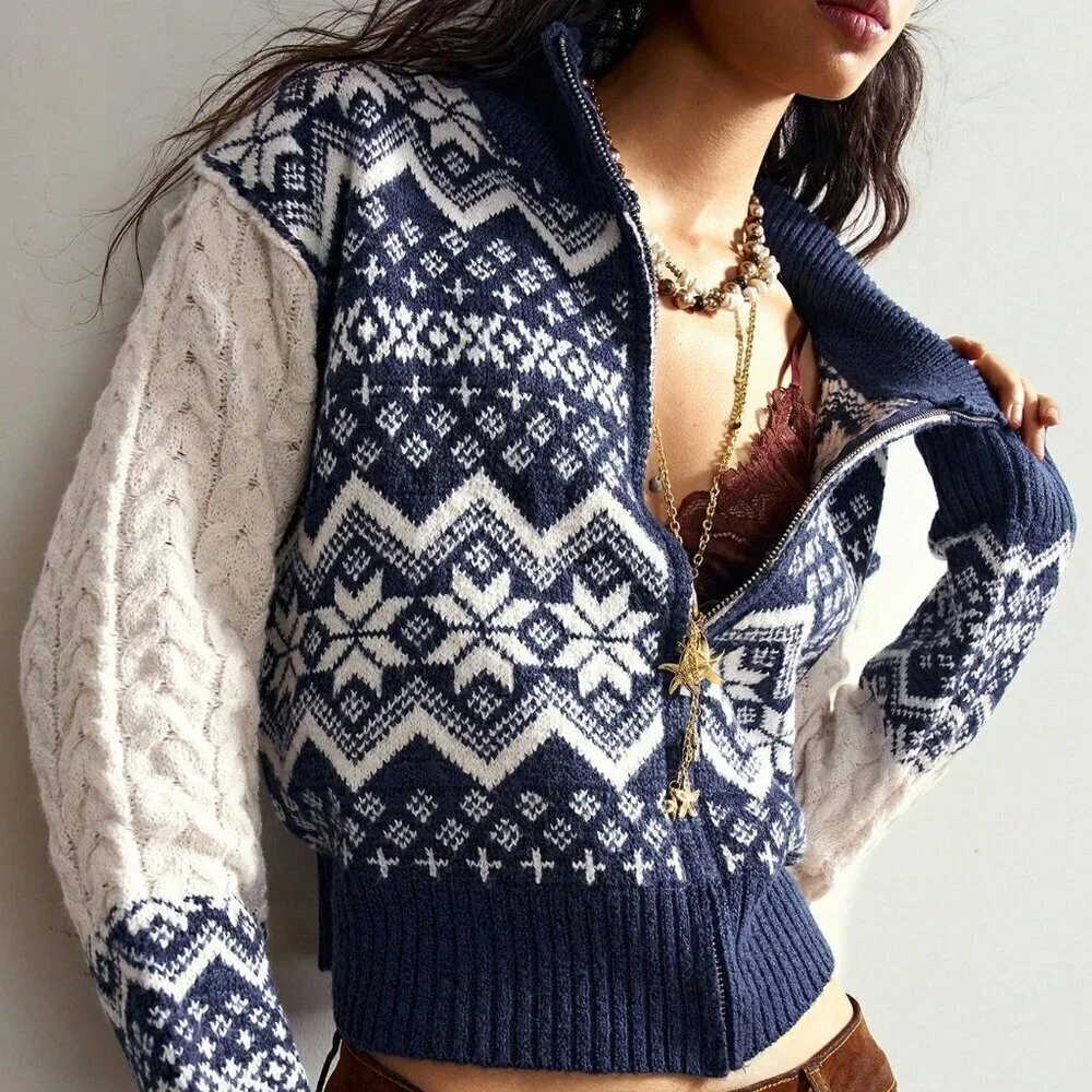 Womens Blue High Neck Zip up Fair Isle Print Chunky Cable Knit Cardigan